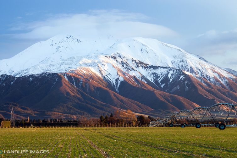 Centre pivot irrigator in winter, Methven, New Zealand