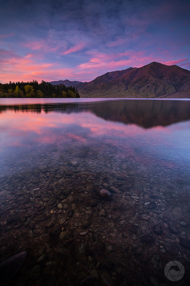 Lake Benmore reflections at sunset portrait, Canterbury, New Zealand