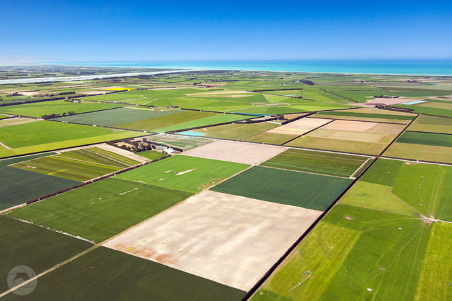 Aerial photography view of Mid-Canterbury farmland, looking towards the sea, New Zealand