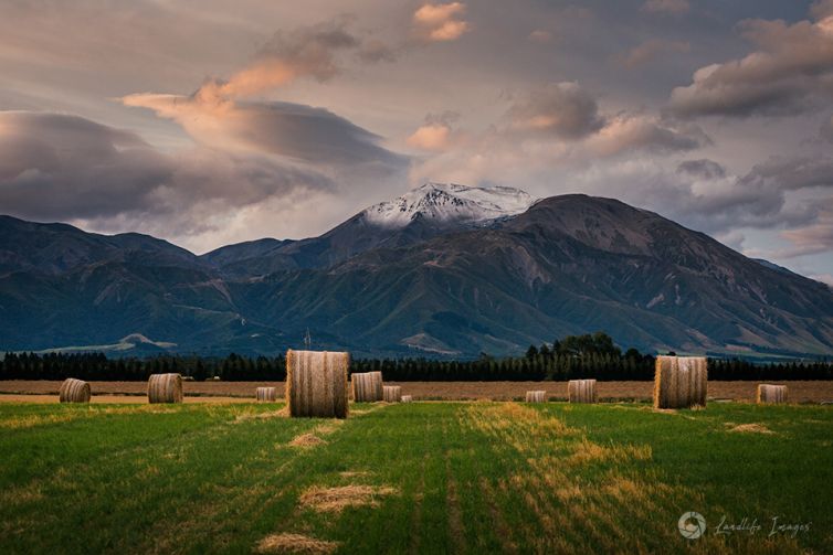 Haybales leading to Mt Hutt, Methven, Canterbury, New Zealand