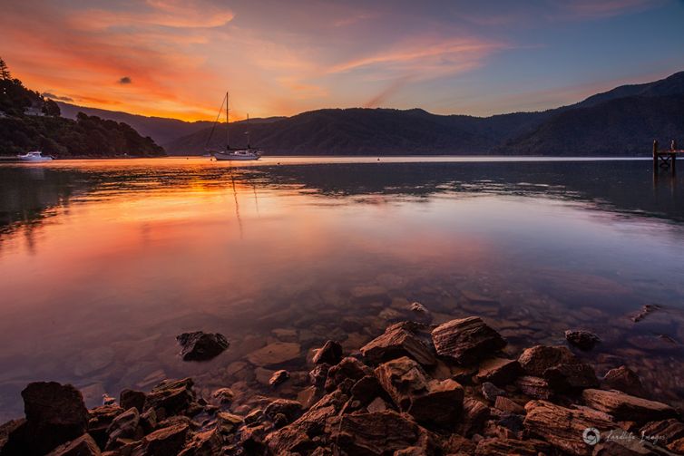 Sunset on the Rocks, Bythells Bay, Marlborough Sounds, New Zealand